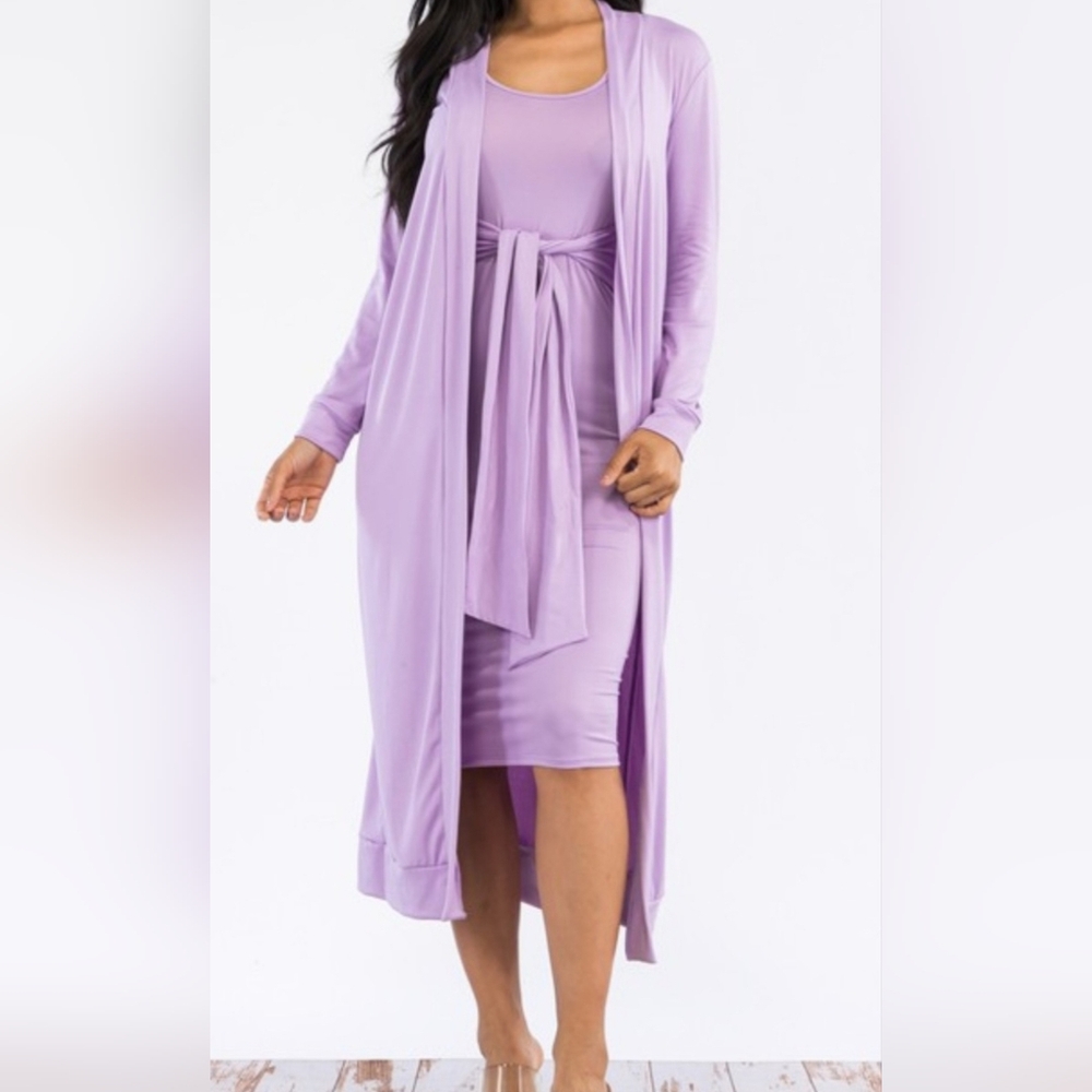 Chic Lavender Midi Dress Set With Cardigan
